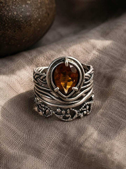 Vintage PZ Israel Sterling Silver Pear Citrine Ring Size 6