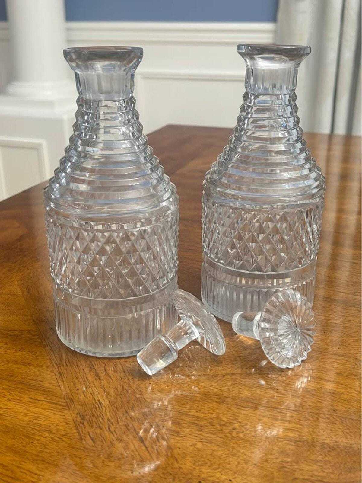 Vintage Cut Crystal Step-Neck Decanter Pair | Anglo-Irish Georgian Style Barware