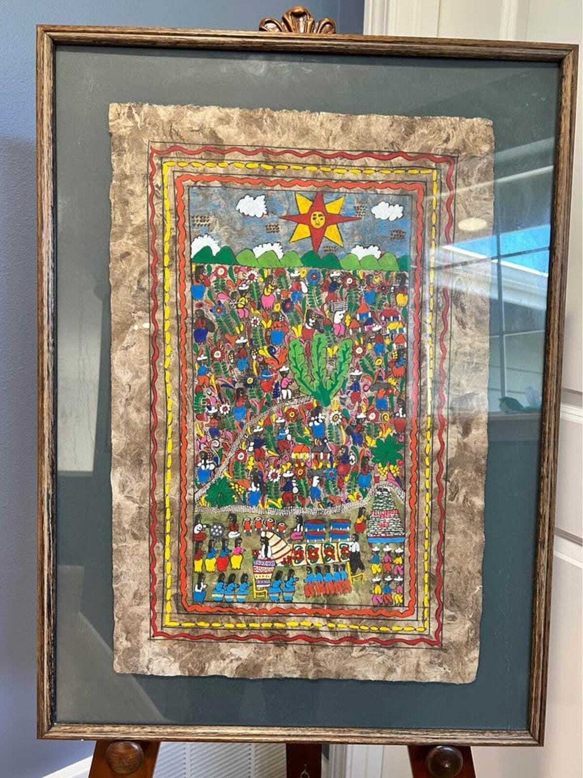 Vintage Mexican Amate Bark Painting – Nahua Folk Art Wedding Scene