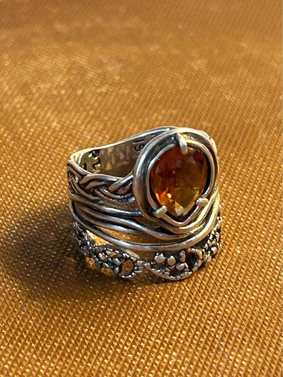 Vintage PZ Israel Sterling Silver Pear Citrine Ring Size 6