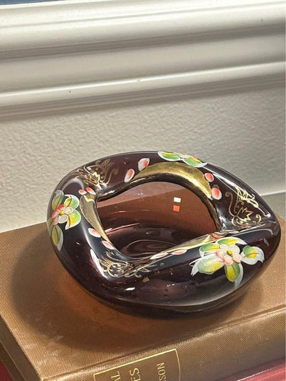 Vintage Bohemian Amethyst Enameled Art Glass Trifold Ashtray Bowl