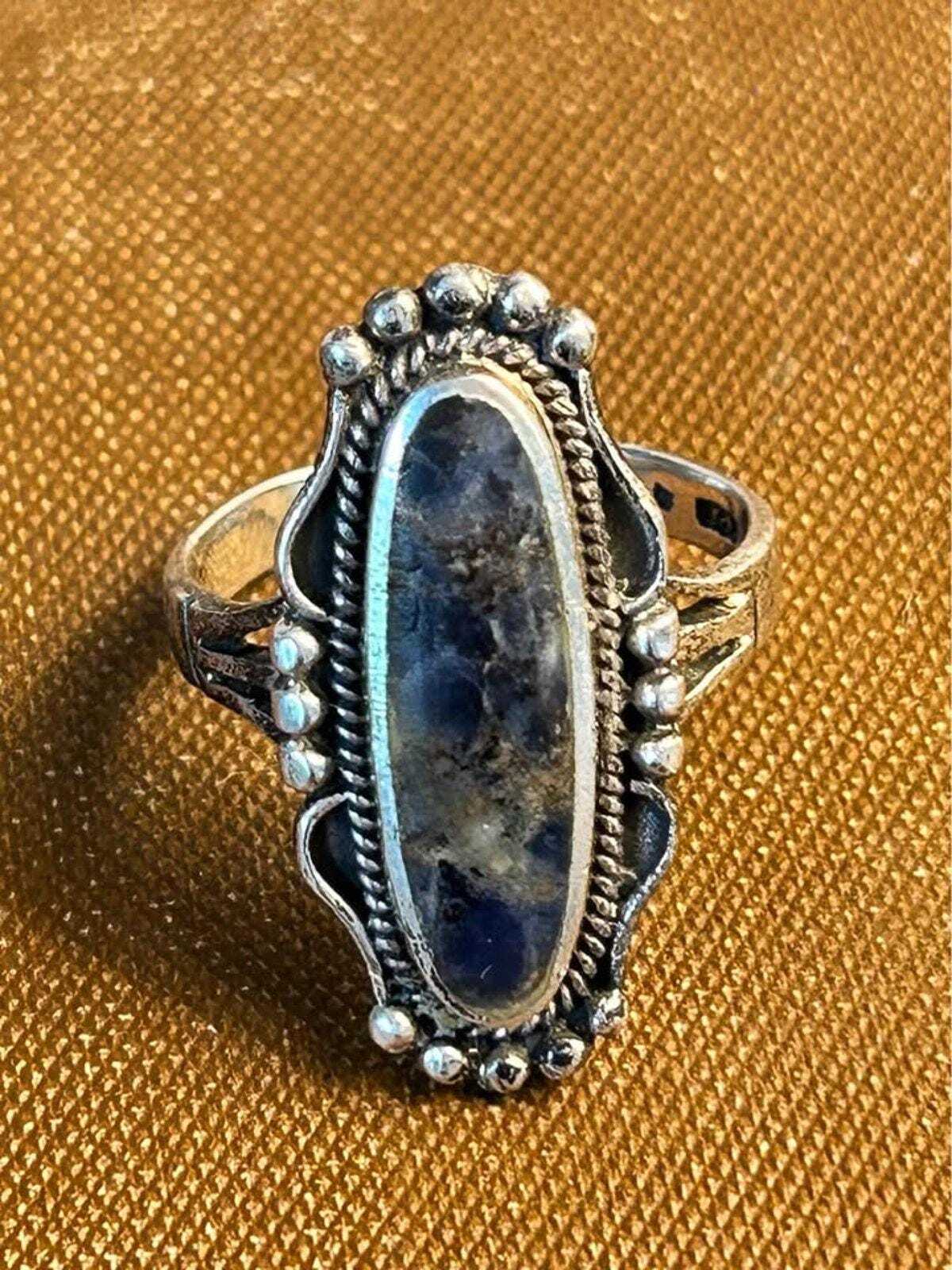 Vintage Sodalite 925 Sterling Silver Elongated Statement Ring Size 8
