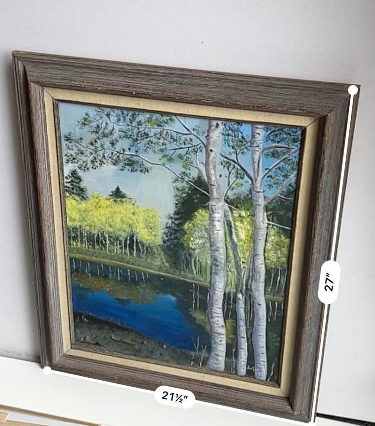 Joni Lewis Original Oil Painting - Birch Trees and Lake Landscape, 1975 - Framed 27x21.5