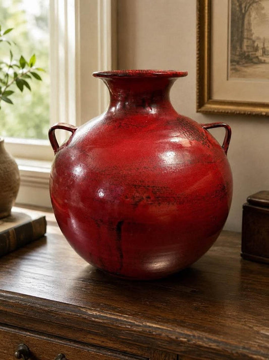 Large Distressed Red Italian Art Pottery Vase