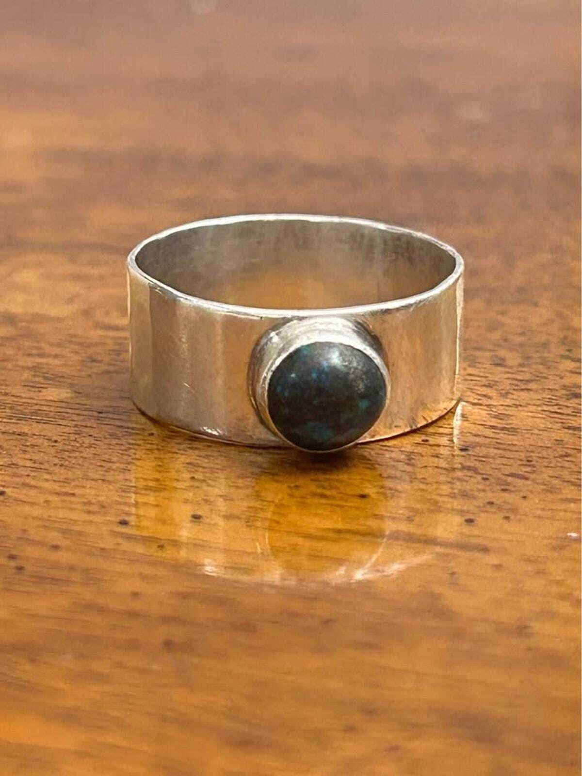 Vintage 1974 LMP Sterling Silver Wide Band Ring – Azurite Cabochon, Size 9.25