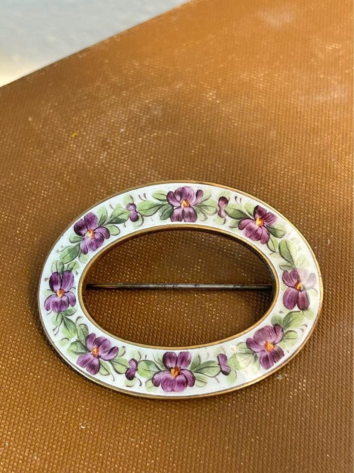 Antique Art Nouveau Suffragette Guilloche Enamel Hand Painted Violet Sash Brooch