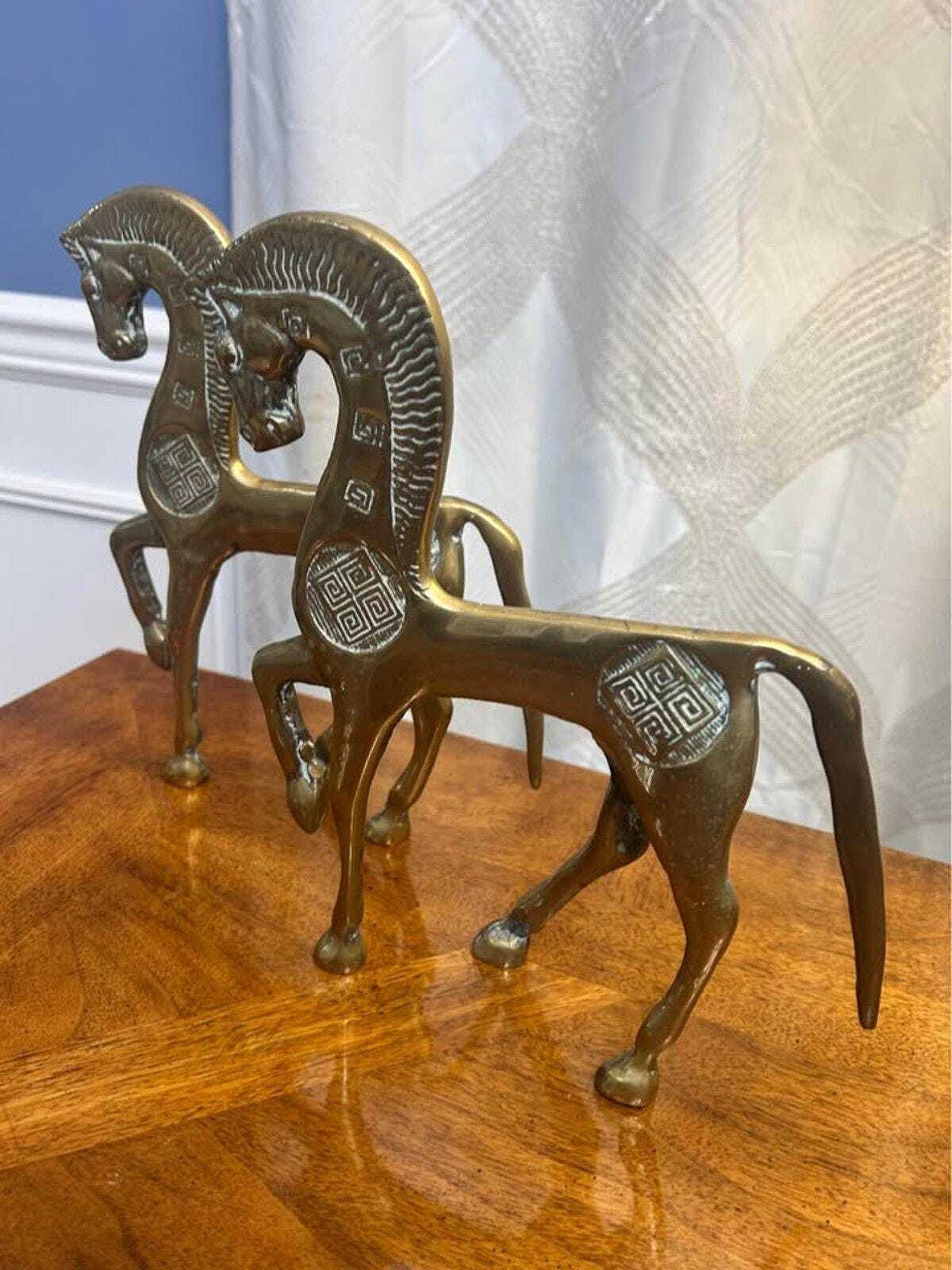 Vintage Mid-Century Brass Greek Geometric Horse Figurines | Etruscan Revival Sculptures | Frederick