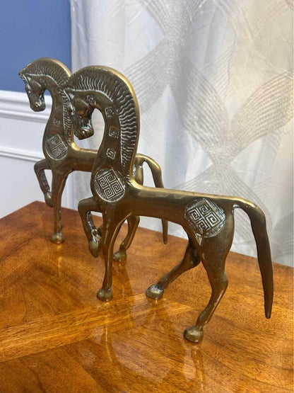 Vintage Mid-Century Brass Greek Geometric Horse Figurines | Etruscan Revival Sculptures | Frederick