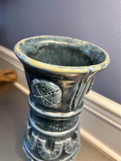 Artisan Indigo Blue Sand Dollar Pottery Vase - 11.5" Tall Coastal Stoneware