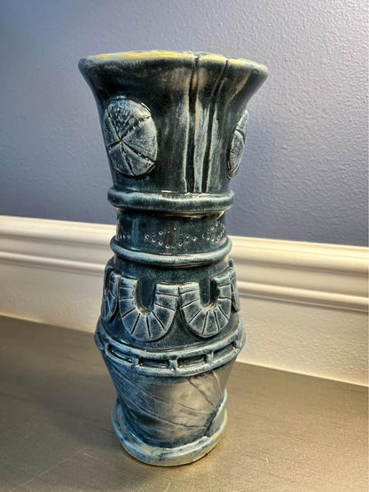 Artisan Indigo Blue Sand Dollar Pottery Vase - 11.5" Tall Coastal Stoneware
