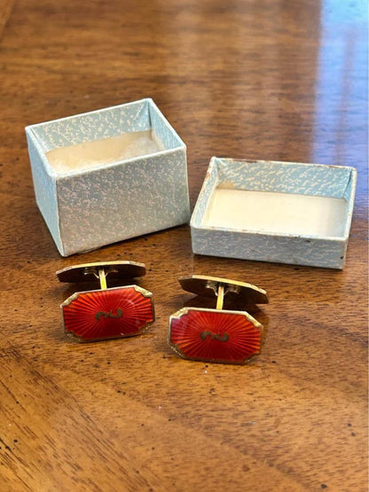 Vintage Norwegian Sterling Silver Vermeil & Red Guilloché Enamel Cufflinks, R.W.