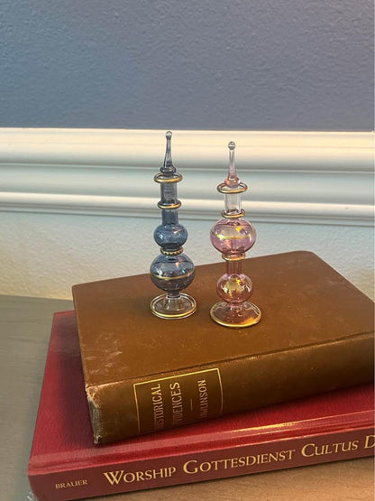 Vintage Egyptian Hand Blown Glass Perfume Bottles Gold Gilt Trim Set of Two