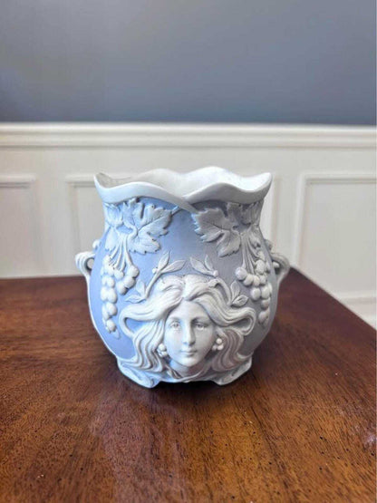 Antique Schafer & Vater Blue Bisque Porcelain Art Nouveau Maiden Vase