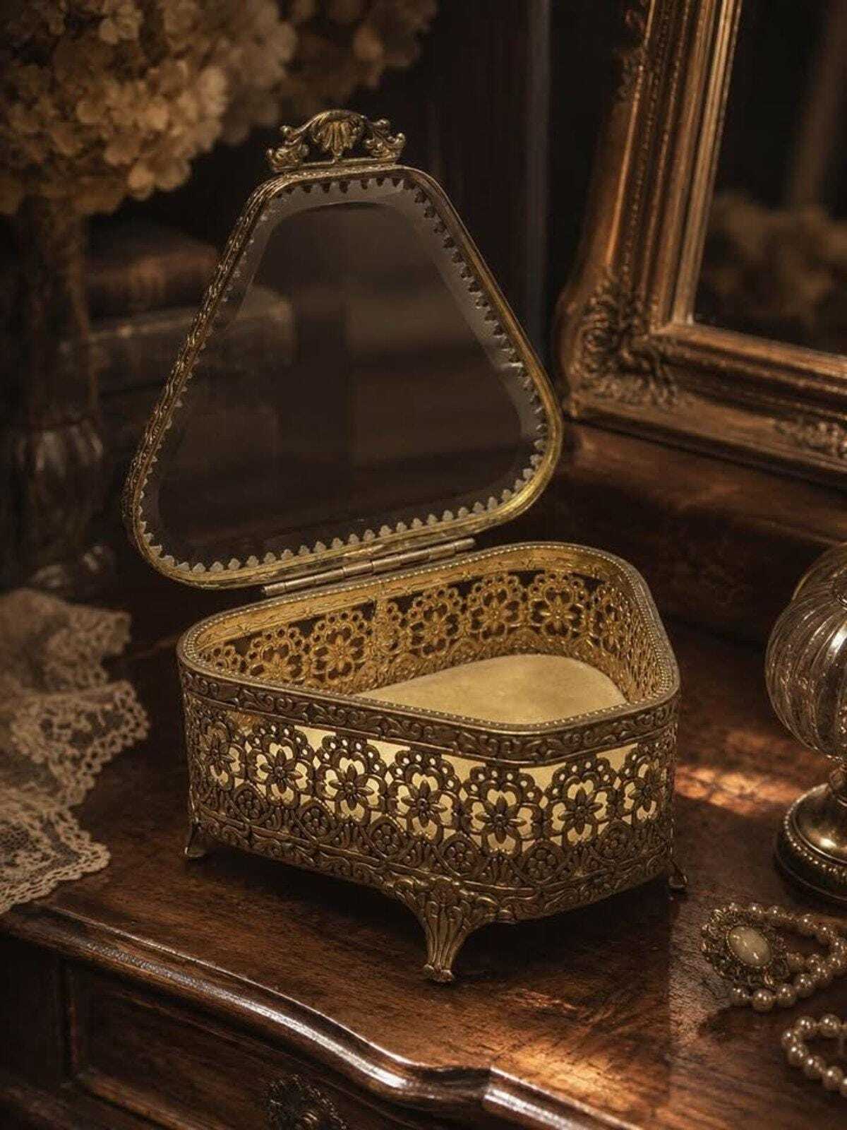 Vintage Hollywood Regency Ormolu Beveled Glass Trinket Box Floral Vanity Casket